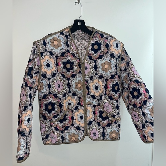 Cropped Puffer Quilted Jacket Vintage Floral Print Open Front Lightweight - Picture 6 of 9